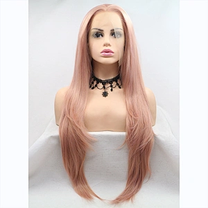 Longzhao Top Quality Long Silky Straight Hair Wig Synthetic Cosplay light Pink l;ace frontal Wigs For Black Women