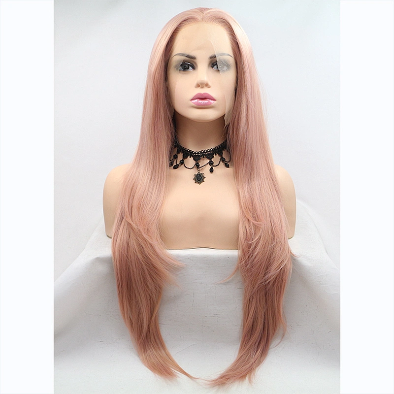Longzhao Top Quality Long Silky Straight Hair Wig Synthetic Cosplay light Pink l;ace frontal Wigs For Black Women
