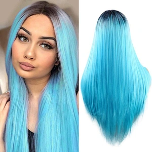 Longzhao Cosplay Long Straight Wig Ombre Blue Wigs For Black Women Synthetic Glueless Wigs Heat Resistant Fiber