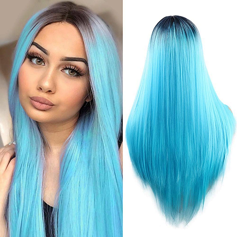 Longzhao Cosplay Long Straight Wig Ombre Blue Wigs For Black Women Synthetic Glueless Wigs Heat Resistant Fiber