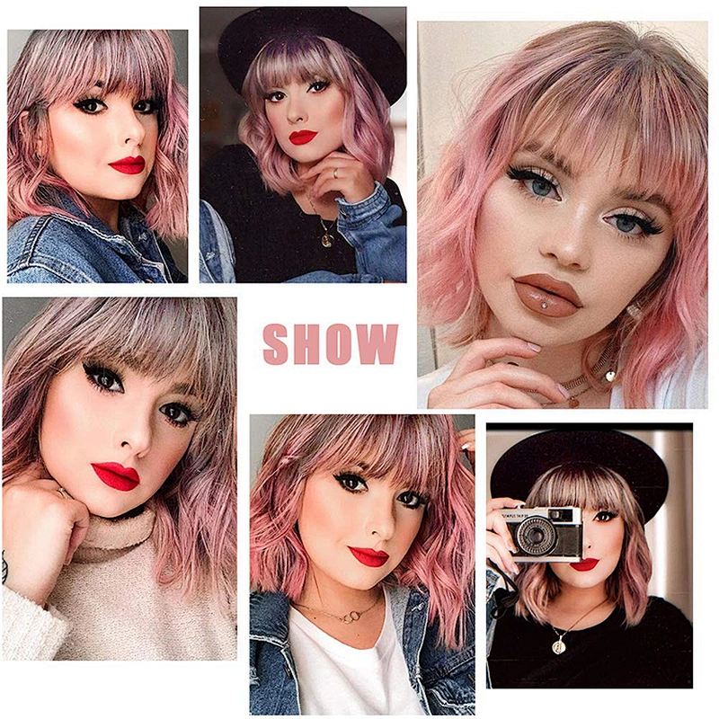New Style Short Wavy Wig Dark Roots Ombre Pink Wigs For Women High Temperature Fiber