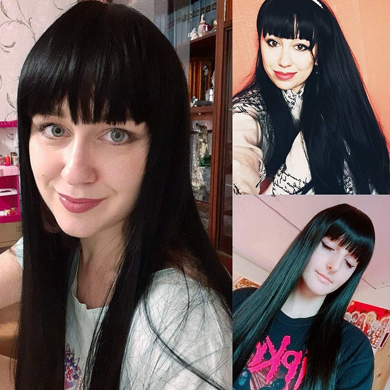 Longzhao Wholesale Synthetic Long Silky Straight Black Wigs With Bangs For Black Women Heat Resistant Fiber