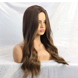 Longzhao Cheap Long Wavy Ombre Brown Dark Root Wig Heat Resistants Synthetic Fiber Body Wave Hair Wigs For Black White Women