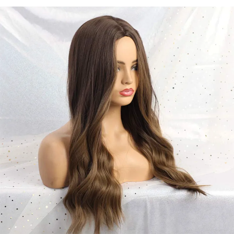 Longzhao Cheap Long Wavy Ombre Brown Dark Root Wig Heat Resistants Synthetic Fiber Body Wave Hair Wigs For Black White Women