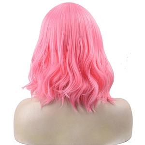 Longzhao Vendor Cosplay Cheap Wholesale Heat Resistant Water Wave Pink Wig With Bangs For Black Women Synthetic Hair Wigs
