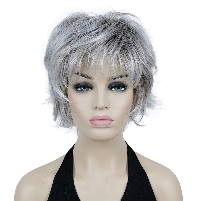 Longzhao Heat Resistant Pixie Cut Wigs Synthetic Short Straight Hair With Ombre grey Bangs Wigs For Women