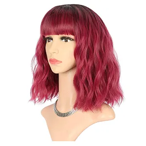 Vendor Cheap Wholesale Cosplay Curly Loose Wave Short Bob Wine Red Wig With Bangs For Black Women Synthetic Hair Wigs