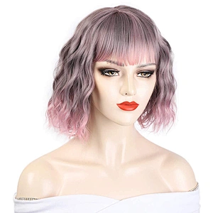 Longzhao Wholesale Price Short Wave Hair Wigs Pink Bob Wig With Neat Bang Synthetic Cosplay Bob Wigs