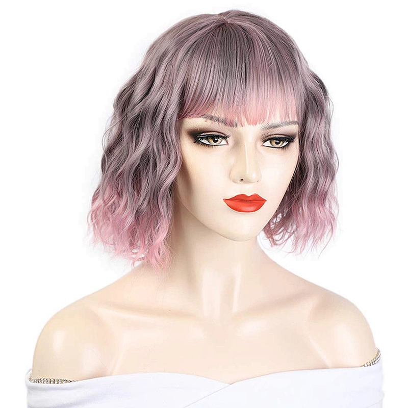 Longzhao Wholesale Price Short Wave Hair Wigs Pink Bob Wig With Neat Bang Synthetic Cosplay Bob Wigs