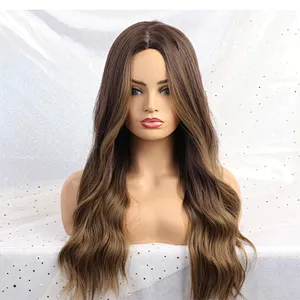 Longzhao Cheap Long Wavy Ombre Brown Dark Root Wig Heat Resistants Synthetic Fiber Body Wave Hair Wigs For Black White Women