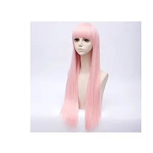 Longzhao Cheap Synthetic Long Straight Ombre Pink Color Wig Cosplay Hair Wigs With Neat Bangs For Black Women