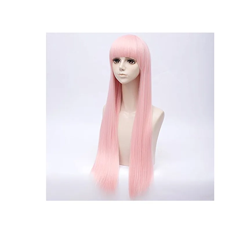 Longzhao Cheap Synthetic Long Straight Ombre Pink Color Wig Cosplay Hair Wigs With Neat Bangs For Black Women