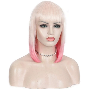 Longzhao High Temperature Fiber Straight Short Bob Wigs Ombre Pink Short Bob Wigs with Neat Bangs Cosplay Short Bob Wigs