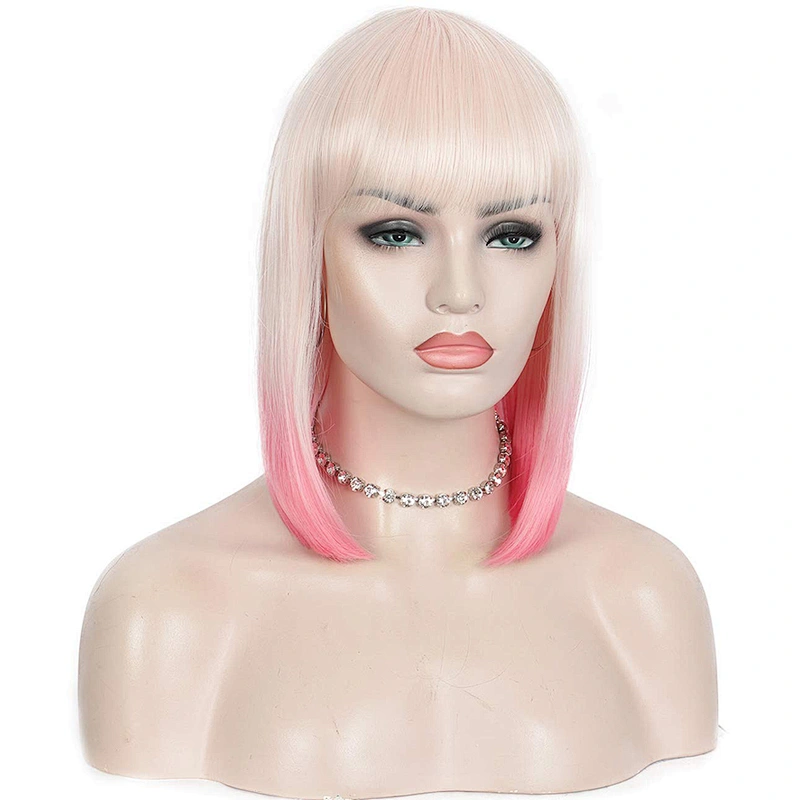 Longzhao High Temperature Fiber Straight Short Bob Wigs Ombre Pink Short Bob Wigs with Neat Bangs Cosplay Short Bob Wigs