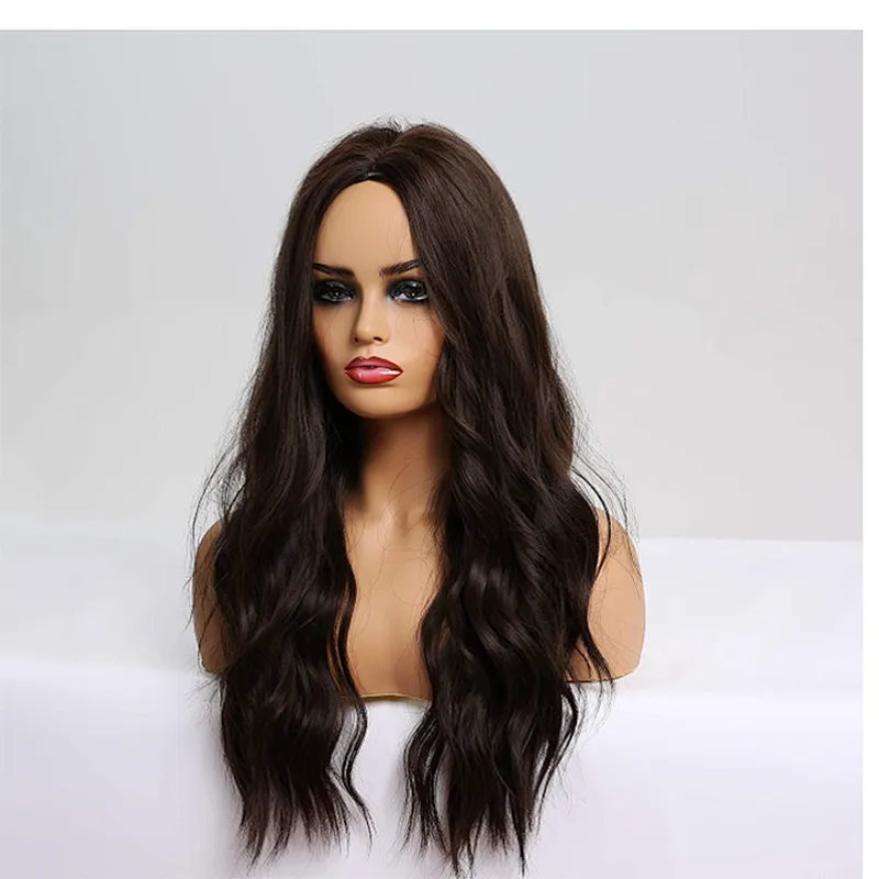 Longzhao Cheap Long Wavy Ombre Brown Dark Root Wig Heat Resistants Synthetic Fiber Body Wave Hair Wigs For Black White Women