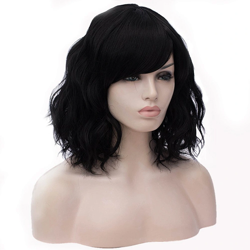 Longzhao Popular Vendor Cheap Wholesale Curly Loose Wave Short Bob Black Wig With Bangs For Black Women Synthetic Hair Wigs