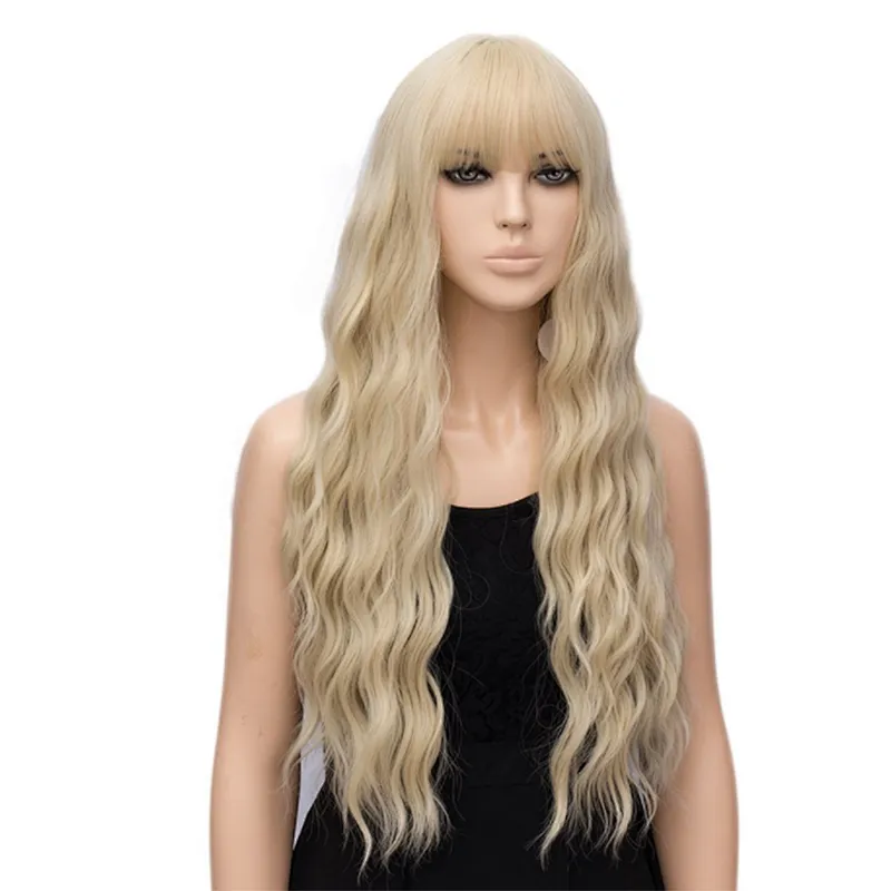 Longzhao High Temperature Fiber Natural Wave Long Wigs Kinky Curly Mix Light Brown Long Wavy Cosplay Wigs with Bangs
