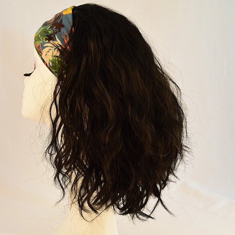 wholesale Short Afro Mixed Brown Curly Wigs with HeadWrap Headband Wig 2 in 1 None Lace Front Wigs with Turban for black Women