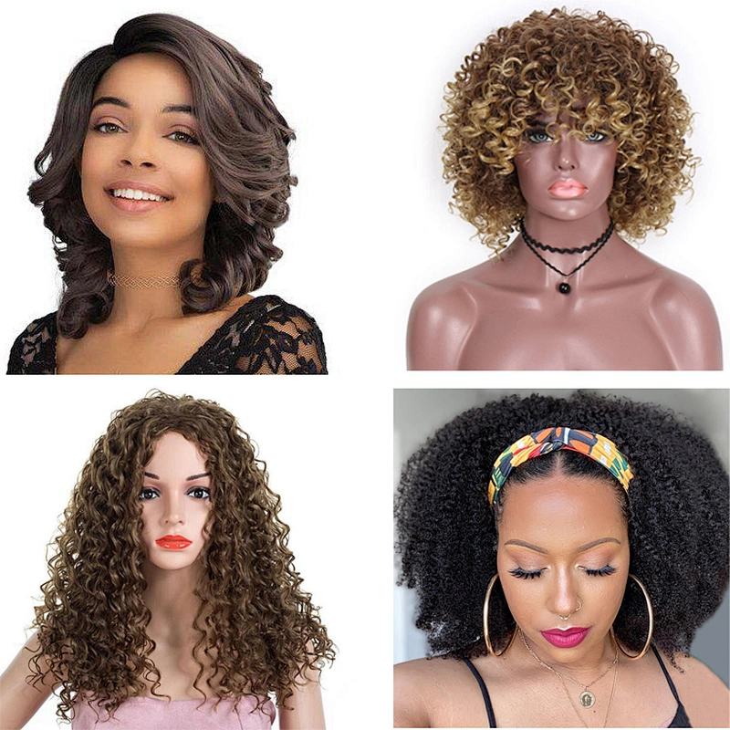 Curly Afro Heat Resistant Natural Short Wavy Attached Adjustable Headband Bobo Cheap Fiber Synthetic Woman Hair Wigs