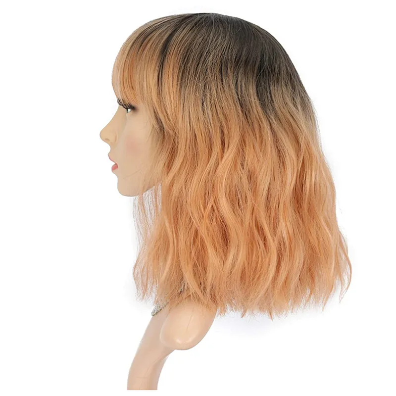 Longzhao Wholesale Cheap Synthetic Short Curly Wave Brown Bob Wigs With Neat Bangs Hair Wigs For Black White Women
