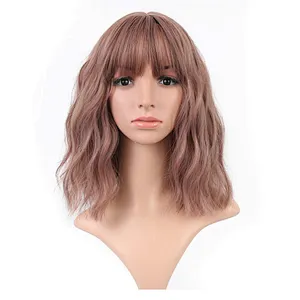 Wholesale Vendor Cheap Wholesale Bob Short Afro Kinky Curly Brown Wig With Bangs For Black Women Synthetic Hair Wigs