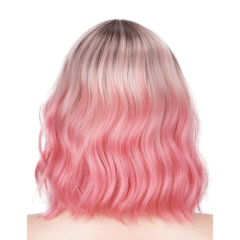 New Style Short Wavy Wig Dark Roots Ombre Pink Wigs For Women High Temperature Fiber