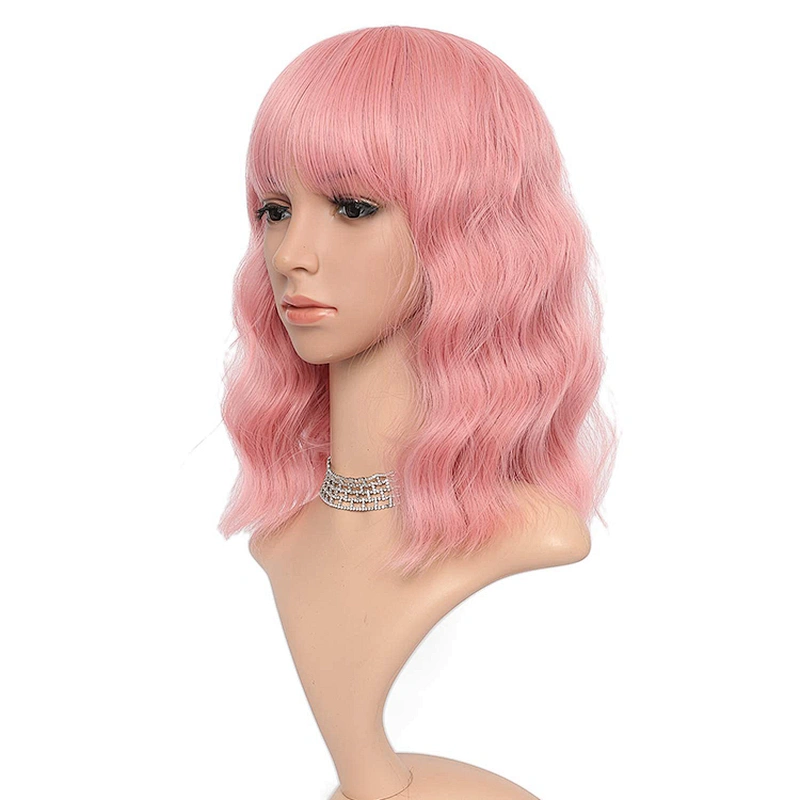 Longzhao Pink Natural Water Wave Short Bob Synthetic Wigs Shoulder Length Air Bangs for Women Curly Cosplay Hair Wig