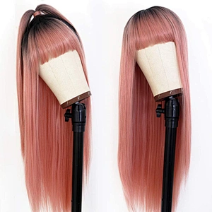 Longzhao Cheap Synthetic Long Straight Ombre Pink Color Wig Cosplay Hair Wigs With Neat Bangs For Black Women