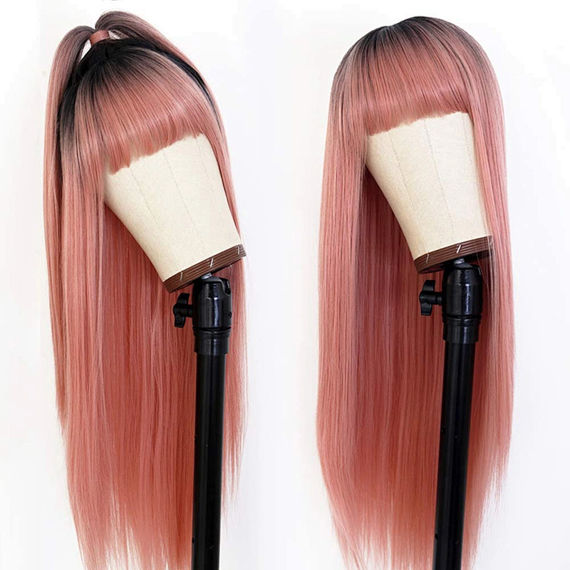 Longzhao Cheap Synthetic Long Straight Ombre Pink Color Wig Cosplay Hair Wigs With Neat Bangs For Black Women