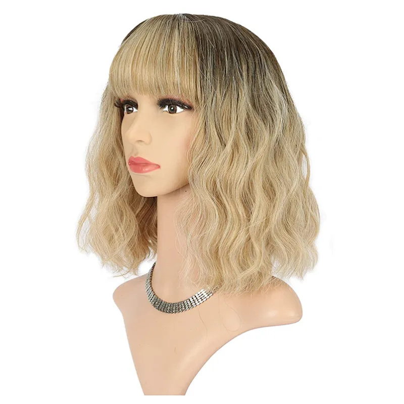 Longzhao Wholesale Cheap Short Kinky Curly Wig With Bangs Afro Black Mixed Brown Synthetic Wigs For Black Women