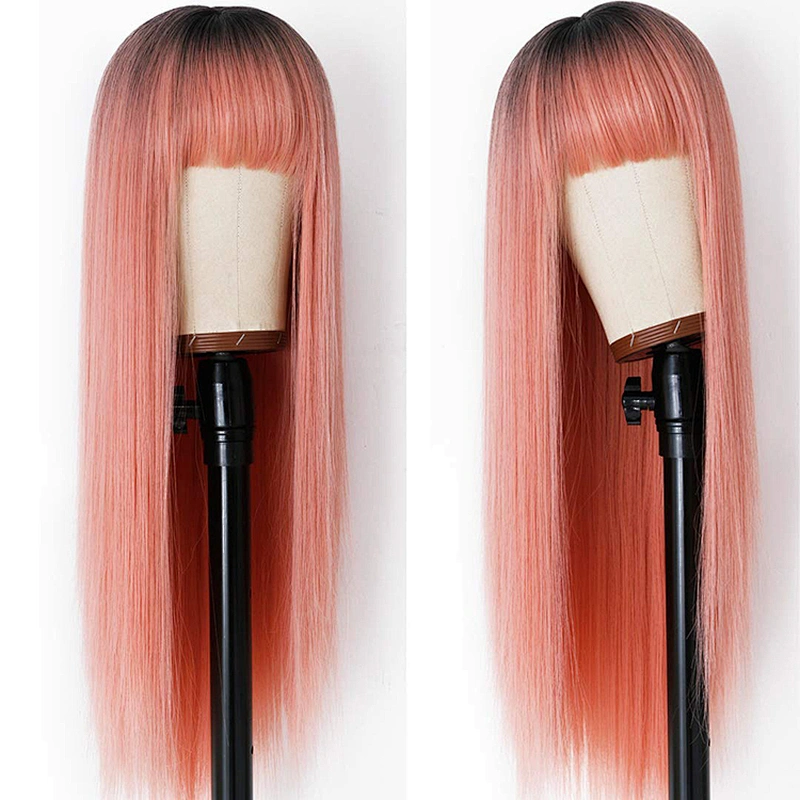 Longzhao Hot Selling Synthetic Ombre Pink Wig With Neat Bangs Long Straight Cosplay Wigs For Black Women Heat Resistant Fiber