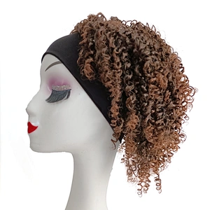 wholesale Short Afro Mixed Brown Curly Wigs with HeadWrap Headband Wig 2 in 1 None Lace Front Wigs with Turban for black Women