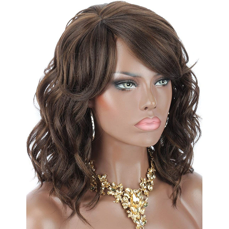 12 Inch Vendor Cheap Wholesale Curly Loose Wave Short Bob Brown Wig With Bangs For Black Women Synthetic Hair Wigs