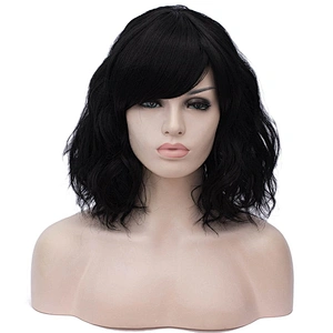 Longzhao Popular Vendor Cheap Wholesale Curly Loose Wave Short Bob Black Wig With Bangs For Black Women Synthetic Hair Wigs