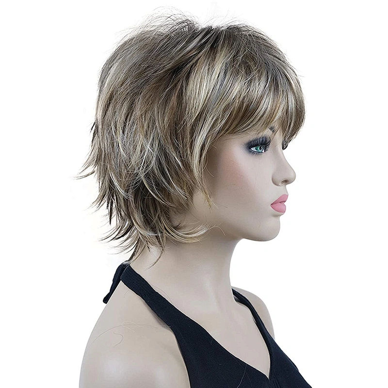 Longzhao  Wholesale Price Short Black Hair  Wigs With Ombre Brown Bangs Synthetic Pixie Cut Wigs for Women