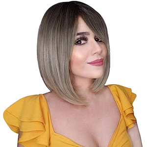 Longzhao  Synthetic Short Straight Bob Wig Ombre Grey Wig With Dark Roots Heat Resistant Bob Wigs For African American Women