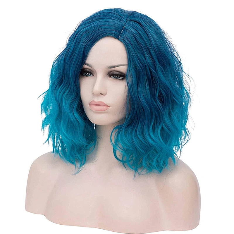 Longzhao 14 Inch Cosplay Vendor Cheap Curly Water Wave Ombre Blue Body Wave Short Bob For Black Women Synthetic Hair Wigs