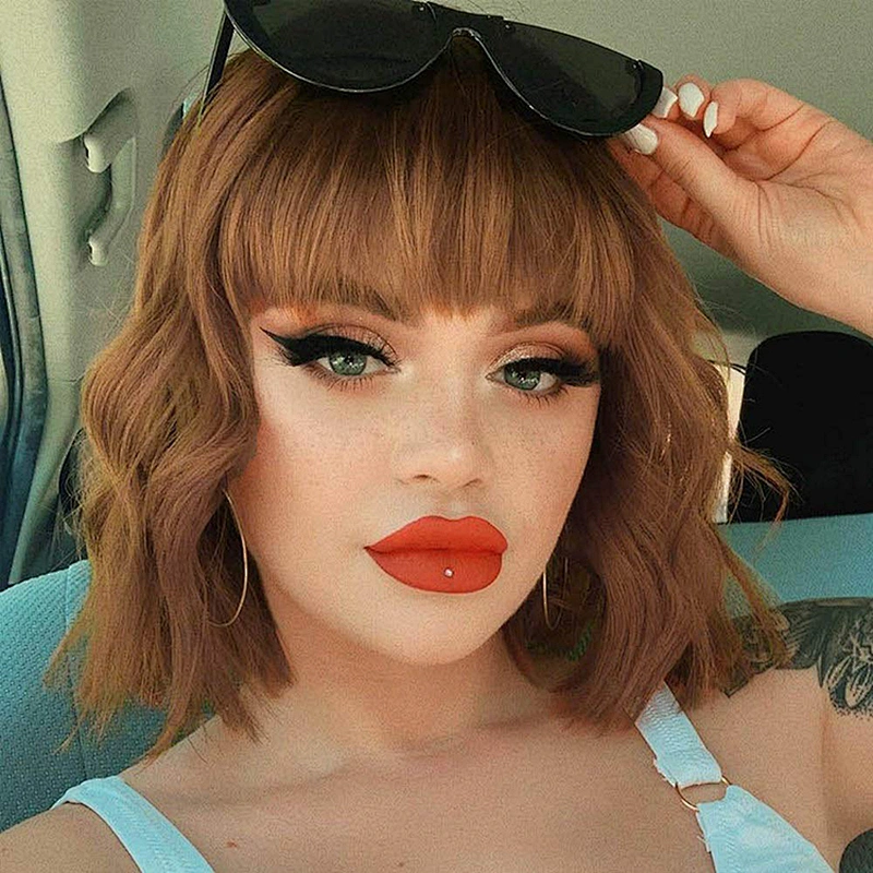 High QualityVendor Cheap Wholesale Afro Kinky Curly Short Bob Brown Wig With Bangs For Black Women Synthetic Hair Wigs