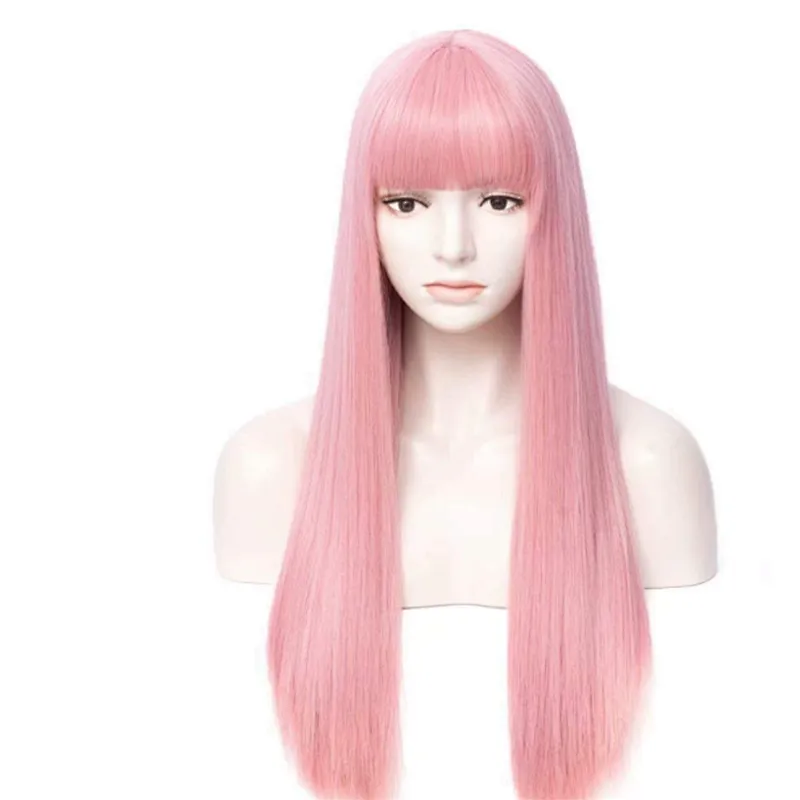 Longzhao Cheap Synthetic Long Straight Ombre Pink Color Wig Cosplay Hair Wigs With Neat Bangs For Black Women