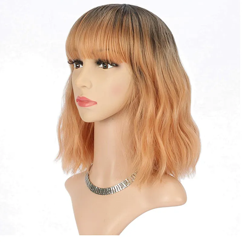 Longzhao Wholesale Cheap Synthetic Short Curly Wave Brown Bob Wigs With Neat Bangs Hair Wigs For Black White Women
