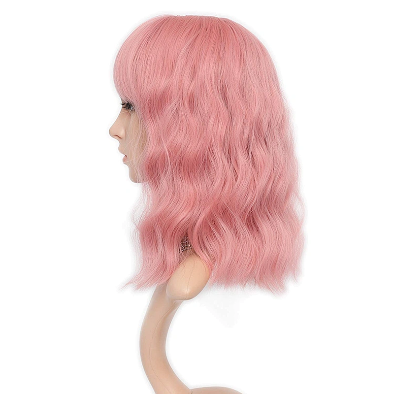 Longzhao Pink Natural Water Wave Short Bob Synthetic Wigs Shoulder Length Air Bangs for Women Curly Cosplay Hair Wig