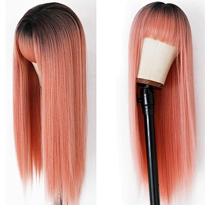 Longzhao Hot Selling Synthetic Ombre Pink Wig With Neat Bangs Long Straight Cosplay Wigs For Black Women Heat Resistant Fiber