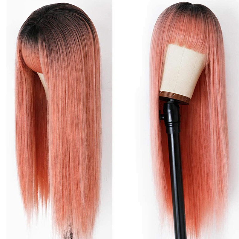 Longzhao Hot Selling Synthetic Ombre Pink Wig With Neat Bangs Long Straight Cosplay Wigs For Black Women Heat Resistant Fiber