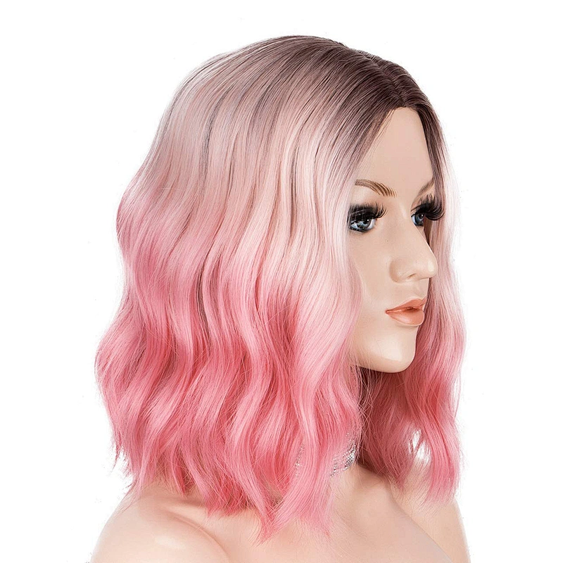 New Style Short Wavy Wig Dark Roots Ombre Pink Wigs For Women High Temperature Fiber