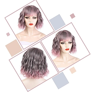 Longzhao Wholesale Price Short Wave Hair Wigs Pink Bob Wig With Neat Bang Synthetic Cosplay Bob Wigs