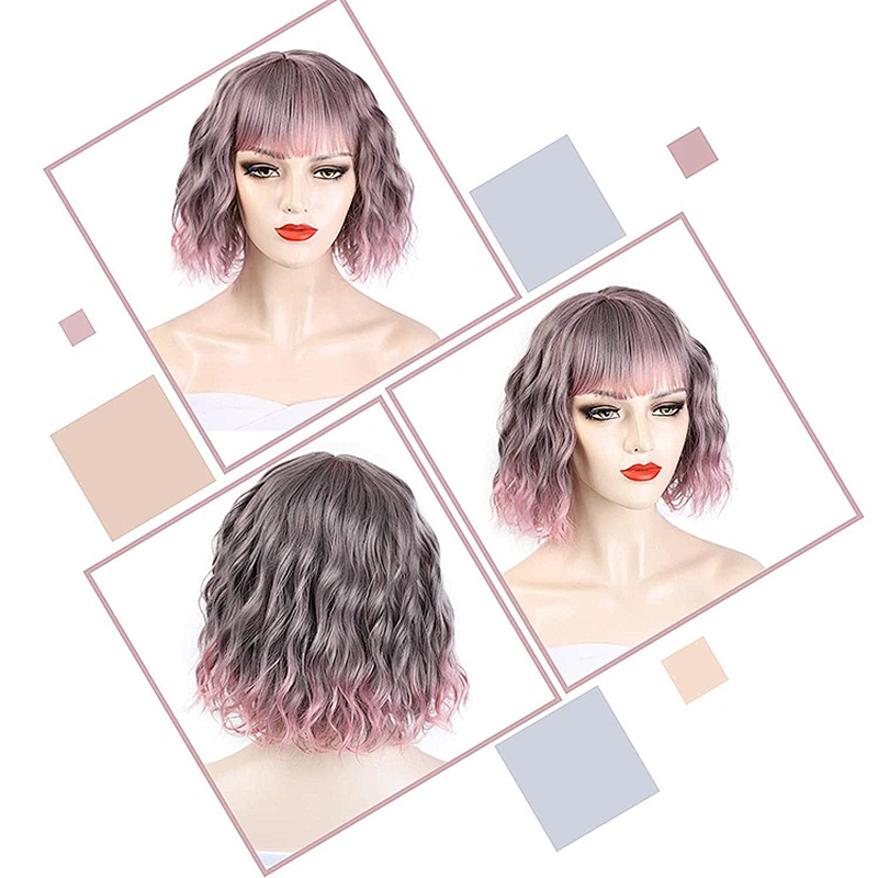 Longzhao Wholesale Price Short Wave Hair Wigs Pink Bob Wig With Neat Bang Synthetic Cosplay Bob Wigs