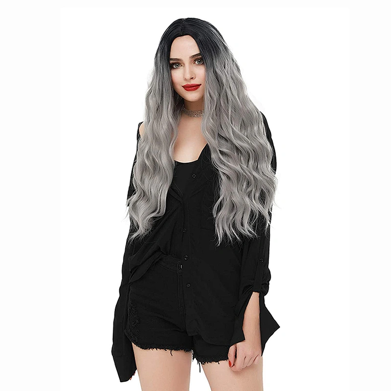 Longzhao Cheap Price Long Curly Wave Ombre Grey Wigs Synthetic Cosplay Wigs For Black Women Heat Resistant Fiber