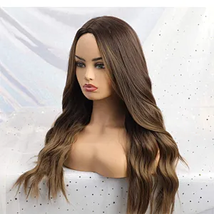 Longzhao Cheap Long Wavy Ombre Brown Dark Root Wig Heat Resistants Synthetic Fiber Body Wave Hair Wigs For Black White Women