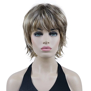 Longzhao  Wholesale Price Short Black Hair  Wigs With Ombre Brown Bangs Synthetic Pixie Cut Wigs for Women