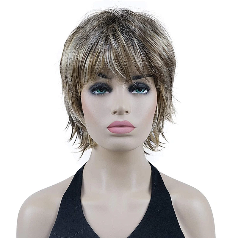 Longzhao  Wholesale Price Short Black Hair  Wigs With Ombre Brown Bangs Synthetic Pixie Cut Wigs for Women